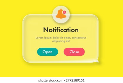 Notification popup alert ui interface window glasssmorphism button open and close for phone app, mobile reminder, web