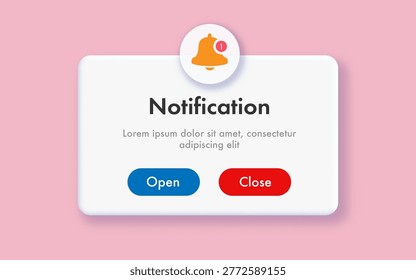 Notification popup alert ui interface window with button open and close for phone app, mobile reminder, web