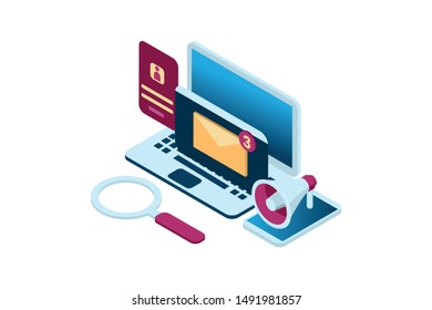 notification of receiving e-mail, digital communication with e-mail to clients in isometric design