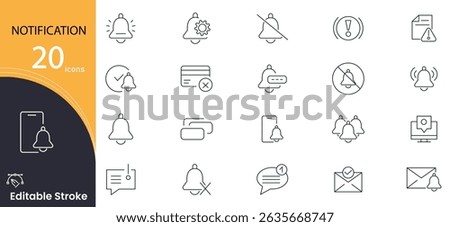 Notification related icon collections. Containing alert, bell, message, reminder, popup, warning, update, signal, badge, and announcement icons. Editable Stroke. Outline icons.