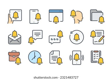 Juego de iconos de línea de color de notificación y recordatorio. Iconos lineales del reloj de alarma y alerta de timbre. Colección de signos vectoriales de contorno colorido de atención y anillo.