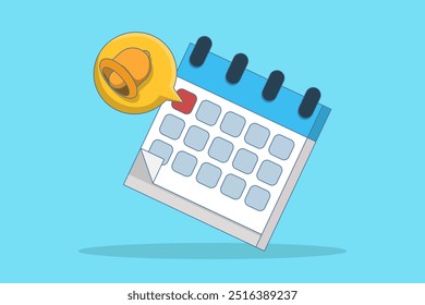 Notification or reminder concept, Calendar with golden bell reminding appointment. New important message. Reminder or appointment on social media. Flat Vector Illustration.