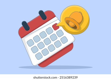 Notification or reminder concept, Calendar with golden bell reminding appointment. New important message. Reminder or appointment on social media. Flat Vector Illustration.