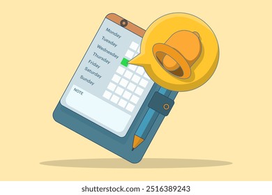 Notification or reminder concept, Calendar with golden bell reminding appointment. New important message. Reminder or appointment on social media. Flat Vector Illustration.