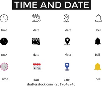 Erinnerungssymbole für Benachrichtigungen. Symbole für Ort, Zeit, Datum und Zeit. Kalender, Adresszeiger und Alarmglocke.  Vektorgrafik
