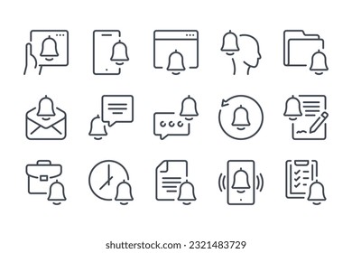 Notification and reminder line icon set. Bell alert and Alarm clock linear icons. Attention and Ring outline vector sign collection.