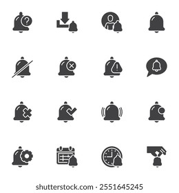 Notification reminder vector icons set, modern solid symbol collection, filled style pictogram pack. Signs, logo illustration. Set includes icons as notification bell, clock time, calendar notice