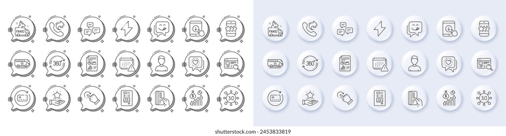 Notification, Renew card and Rotation gesture line icons. White pin 3d buttons, chat bubbles icons. Pack of Report document, Website search, Headshot icon. Vector