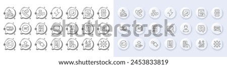 Notification, Renew card and Rotation gesture line icons. White pin 3d buttons, chat bubbles icons. Pack of Report document, Website search, Headshot icon. Vector