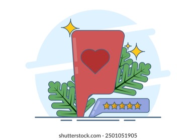 Notificación con reseñas. Icono del App de la red social. Comentarios del Cliente. Críticas de Clientes estrella. Burbujas de discurso, mensajes de texto, comentarios en redes sociales. Ilustración vectorial plana sobre fondo.