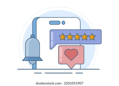 Notificación con reseñas. Icono del App de la red social. Comentarios del Cliente. Críticas de Clientes estrella. Burbujas de discurso, mensajes de texto, comentarios en redes sociales. Ilustración vectorial plana sobre fondo.