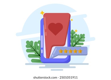Notificación con reseñas. Icono del App de la red social. Comentarios del Cliente. Críticas de Clientes estrella. Burbujas de discurso, mensajes de texto, comentarios en redes sociales. Ilustración vectorial plana sobre fondo.