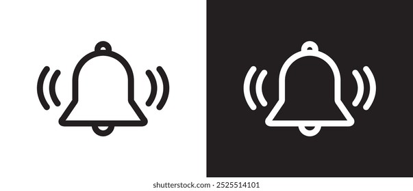 Notification ringing bell icon. Alarm symbol, incoming message symbol, subscription alert bell, new notification, reminder. Notification icon vector illustration on black and white background.