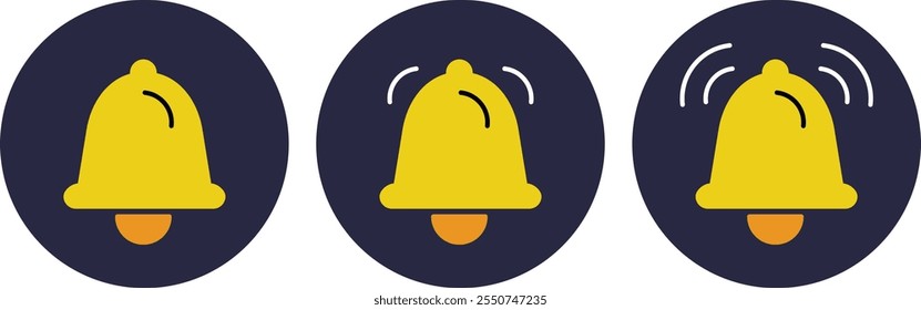 Notification ringing bell icon set on black circle. Yellow orange icons collection of  Alert, ringing, Incoming message sign symbol