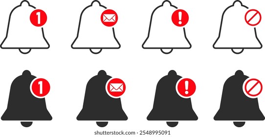 notification ringing bell and notification number sign icon set. notification bell sign. number sign with bell icon. Symbol of number sign..
