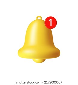 Benachrichtigung klingelt Glocke, Erinnerung an soziale Medien mit einem neuen Nachrichtenzeichen. Vektorgrafik der gelben Glocke realistisches Meldeschild, Aufmerksamkeits- oder Alarmsymbol in Smartphone