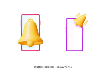 A notification ringing concept. Two smartphone frames with alert bell. Digital mobile marketing. New message or update for application design.