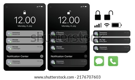 Notification screen phone with clean UI Design. Dark and light GUI mode with lock, battery, signal, wifi, green message and phone call vector illustration. Imagine de stoc © 
