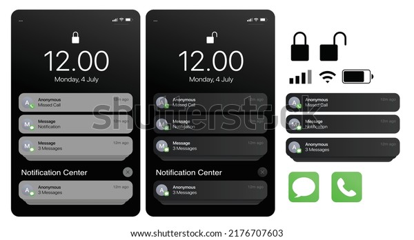 Notification screen phone with clean UI\
Design. Dark and light GUI mode with lock, battery, signal, wifi,\
green message and phone call vector\
illustration.