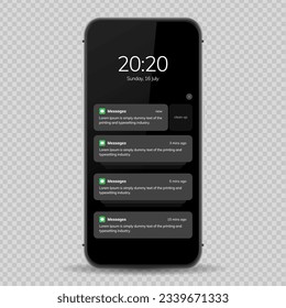 Notification screen UI design. Phone notification windows template on a dark background. Smartphone messaging interface. Vector illustration. Smartphone. Vector illustration.