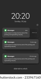 Diseño de interfaz de usuario de la pantalla de notificación. Plantilla de ventanas de notificación telefónica en un fondo oscuro. Interfaz de mensajería de Smartphone. Ilustración vectorial. Smartphone. Ilustración vectorial.