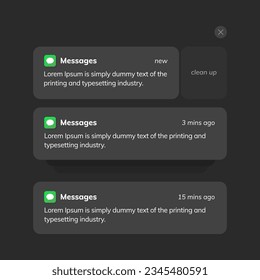 UI-Design des Benachrichtigungsbildschirms Telefonische Benachrichtigungsfenster-Vorlage auf dunklem Hintergrund. Smartphone-Messaging-Schnittstelle. Vektorgrafik. Smartphone. Vektorgrafik.