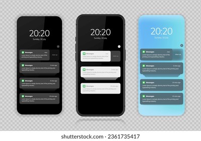 UI-Design des Benachrichtigungsbildschirms Telefonische Benachrichtigungsfenster-Vorlage auf dunklem Hintergrund. Smartphone-Messaging-Schnittstelle. Vektorgrafik. Smartphone. Vektorgrafik.