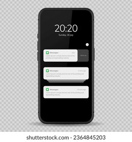 Diseño de interfaz de usuario de la pantalla de notificación. Plantilla de ventanas de notificación telefónica en un fondo oscuro. Interfaz de mensajería de Smartphone. Ilustración vectorial. Smartphone. Ilustración vectorial.	