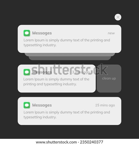 Notification screen UI design. Phone notification windows template on a dark background. Smartphone messaging interface. Vector illustration. Smartphone. Vector illustration.