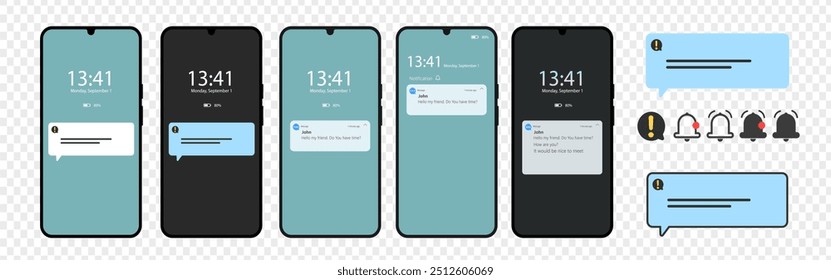 Notification screen UI. Push notification. SMS notification on the screen of the smartphone. Sms popup. Messages from social networks	
