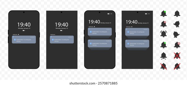Notification screen UI. Push notification. SMS notification on the screen of the smartphone. Sms popup. Message exchange	
