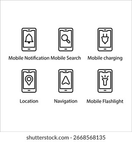 Notificación, Búsqueda, Carga, Locación, Navegación, Linterna, Icono, Conjunto de iconos de línea