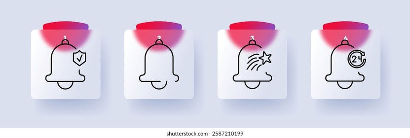 Notification set icon. Bell, alert, security, star, favorite, 24 hours, reminder, urgent, system, badge, message, alarm, update, information, signal, service.