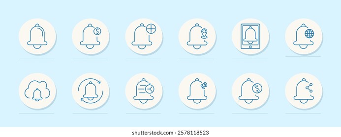 Notification set icon. Bell, location pin, money symbol, timer, alert, settings, message, calendar, share, protection shield, updates. Represent reminders, alerts, and notifications
