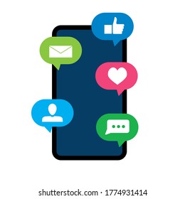 Notification smartphone speech bubble, friend like message notice. Vector smartphone with bubble chat, app notice follower or new friend and like illustration. Application notification colored icons