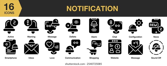 Benachrichtigungs-Solid-Icon-Set. Beinhaltet Posteingang, Nachricht, Nachrichten, Einkäufe, Sound-off, Warnung und mehr. Vektorgrafik mit durchgezogenen Symbolen.