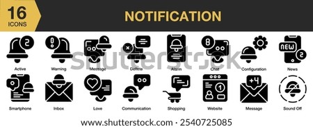 Notification solid icon set. Includes inbox, message, news, shopping, sound off, warning, and More. Solid icons vector collection.