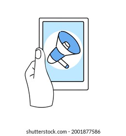 Notification and speaker. Megaphone icon on tablet in hands. Touchscreen gadget. Promotion and sale. Outline cartoon illustration