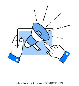 Notification and speaker. Megaphone icon on tablet in hands. Touchscreen gadget. Promotion and sale. Outline cartoon illustration