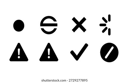 Conjunto de iconos de aviso y Estado con marca de verificación, signos de advertencia de marca cruzada y símbolos de carga Ilustración vectorial de silueta