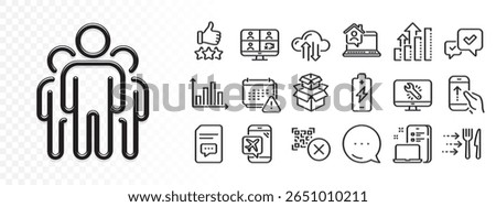 Notification, Swipe up and Comments line icons for web app. Glare of light effect. Message icon. Pack of Packing boxes, Group, Battery charging pictogram icons. Vector