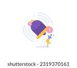 notification system or service. announcements, reminders, alarms. a giant bell that rang and vibrated. ringtone. people with big bells. illustration concept design. vector elements. white background