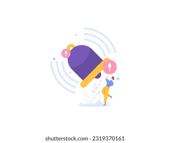 notification system or service. announcements, reminders, alarms. a giant bell that rang and vibrated. ringtone. people with big bells. illustration concept design. vector elements. white background