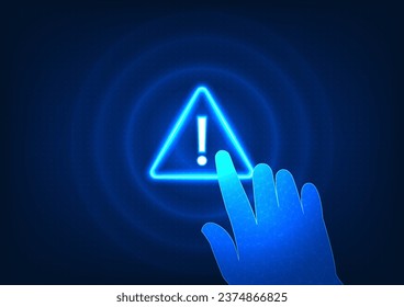 Notification technology The hand pressing the alert symbol indicates a system notification of a technological data processing error.