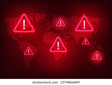 Tecnología de notificación Mapa mundial con un símbolo de alerta que representa una advertencia de transmisión global de datos sobre un mal funcionamiento de la tecnología.