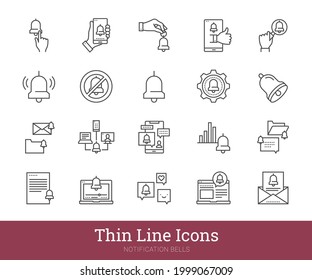 Benachrichtigt Thin-Line-Symbole gesetzt. Nachrichten, Glockenbildbilder für lineare Vektorgrafiken für soziale Netzwerke, Webdienst, mobile App. Beachten Sie, dass Vektorset Symbole enthält: Einstellungen, Stummschaltung usw. Bearbeitbare Striche.