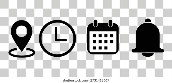 Icono de notificación, hora, calendario y ubicación establecido en fondo transparente. Calendario, puntero de ubicación de Dirección y señal de alarma. evento, fecha, Dirección, símbolo de recordatorio. estilo plano.
