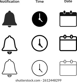 notification, time, date icon set. clock sign. location pin signs. Calendar icon symbol

