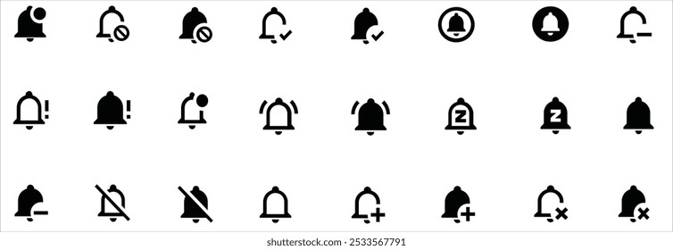 Notification UI bell big icon set. Notice message. Alarm symbol. Ringing bells. Vector illustration. Mobile app UI web button. Subscribe vector symbol, isolated illustration