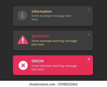 Notification ui windows vector set, dark black interface push error warning caution notice system messages for mobile app or website elements, popup reminder alerts template, web software pop up
